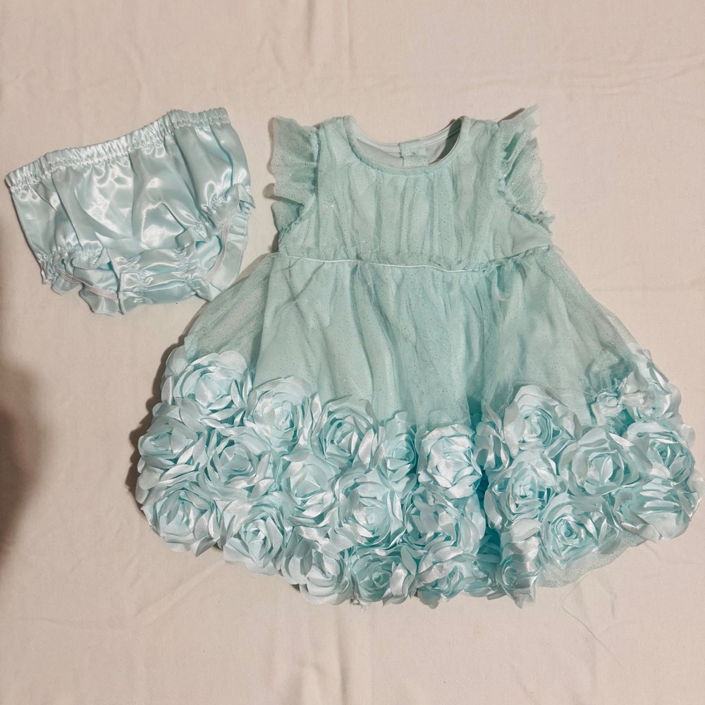 6/9M Nannette Baby Girl‎ Aqua Blue Rosette Tulle Special Occasion Dress Set